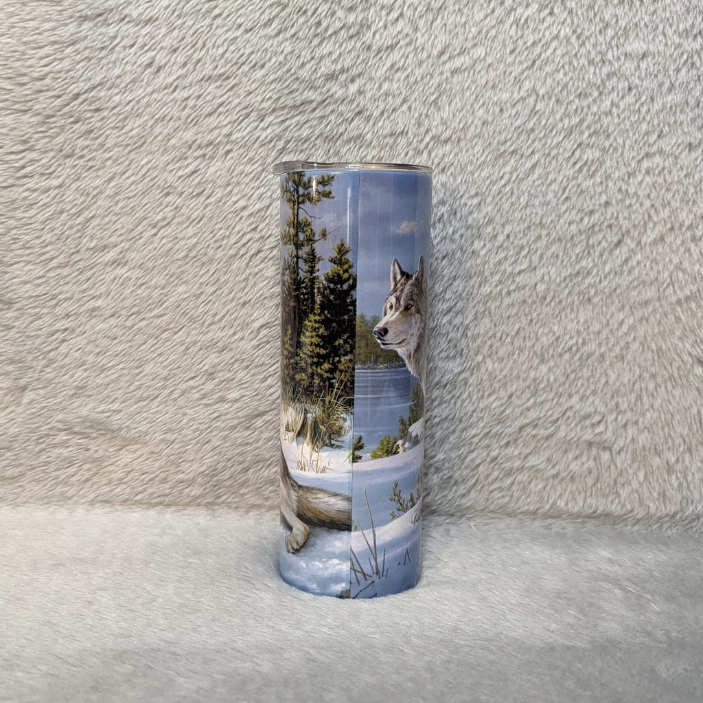 Winter Wolf Tumbler 20oz With Reusable Straw, Can Be Personalized