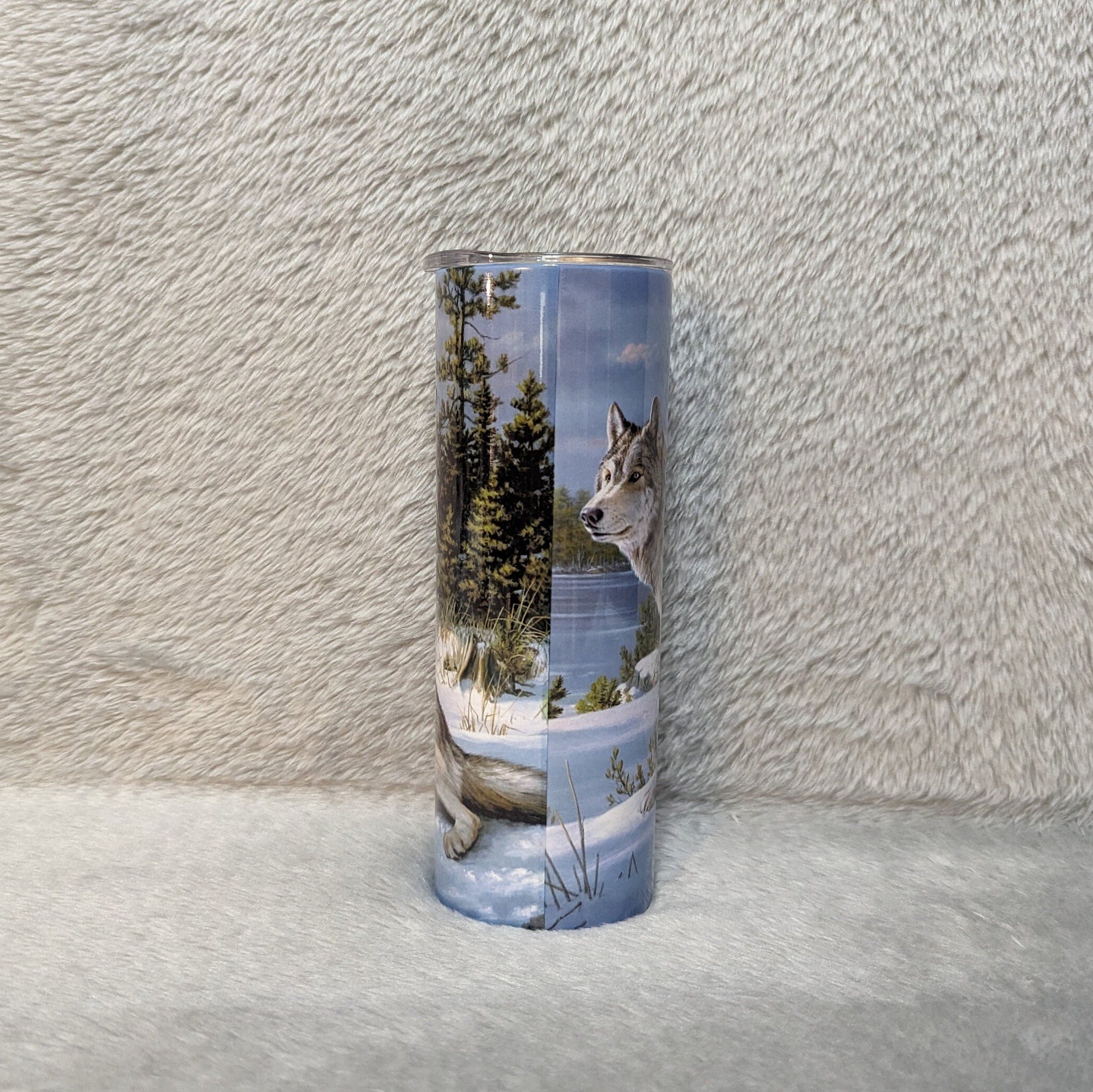 Winter Wolf Tumbler 20oz With Reusable Straw, Can Be Personalized