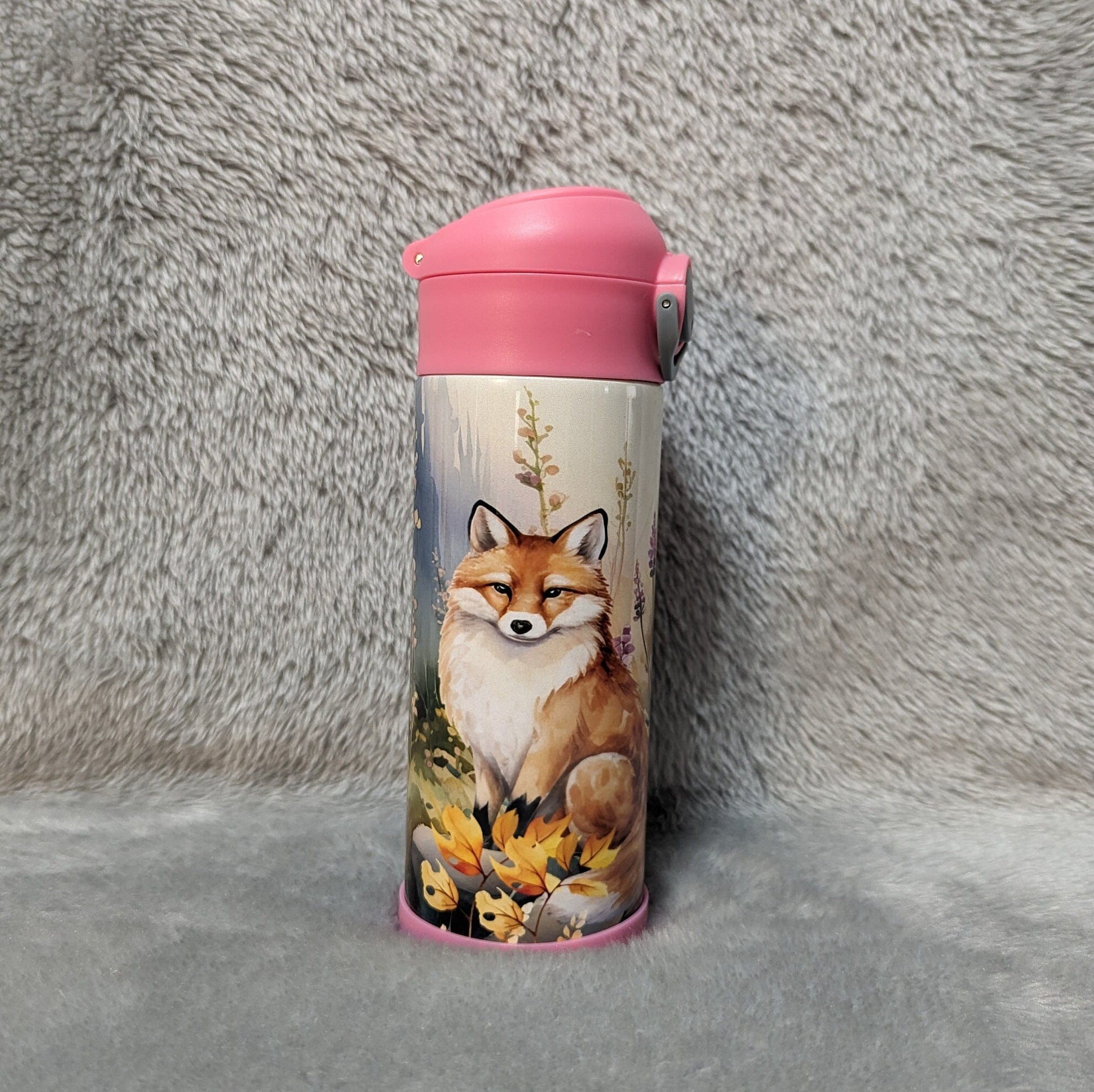 Kids Fox Family Water Bottle 20oz With Reusable Straw Can Be Personalized