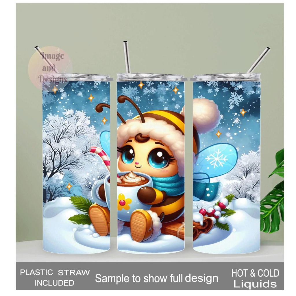 Winter Bee Tumbler 20oz With Reusable Straw, Can Be Personalized