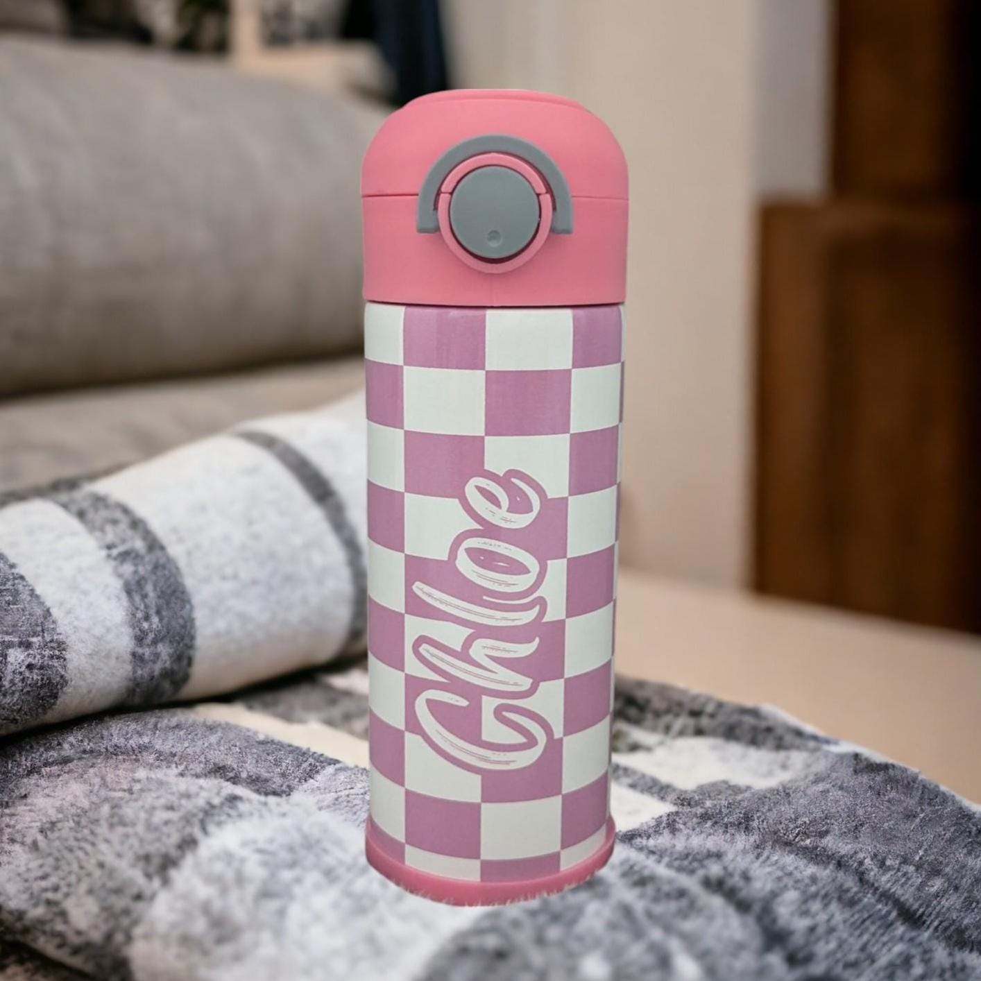 Kids Checkered Water Bottle 12oz With Reusable Straw Can Be Personalized