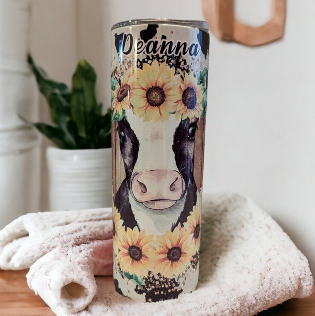 Cow With Sunflowers Tumbler 20oz With Reusable Straw, Can Be Personalized
