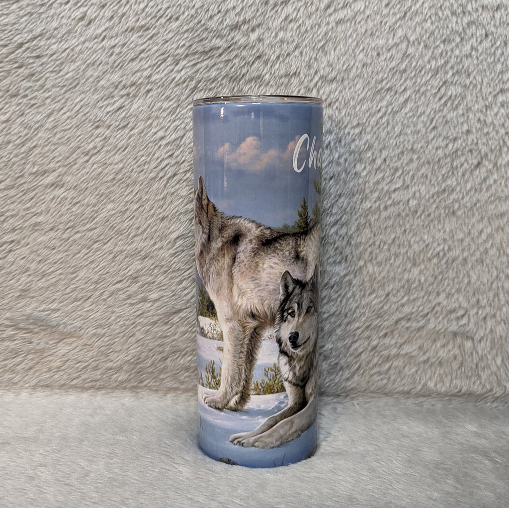 Winter Wolf Tumbler 20oz With Reusable Straw, Can Be Personalized