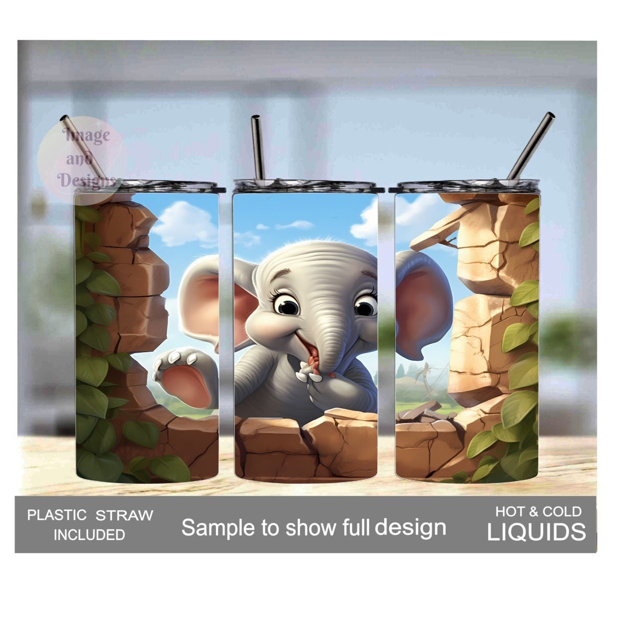 Cute Kids Elephant Tumbler 15oz With Reusable Straw, Can Be Personalized