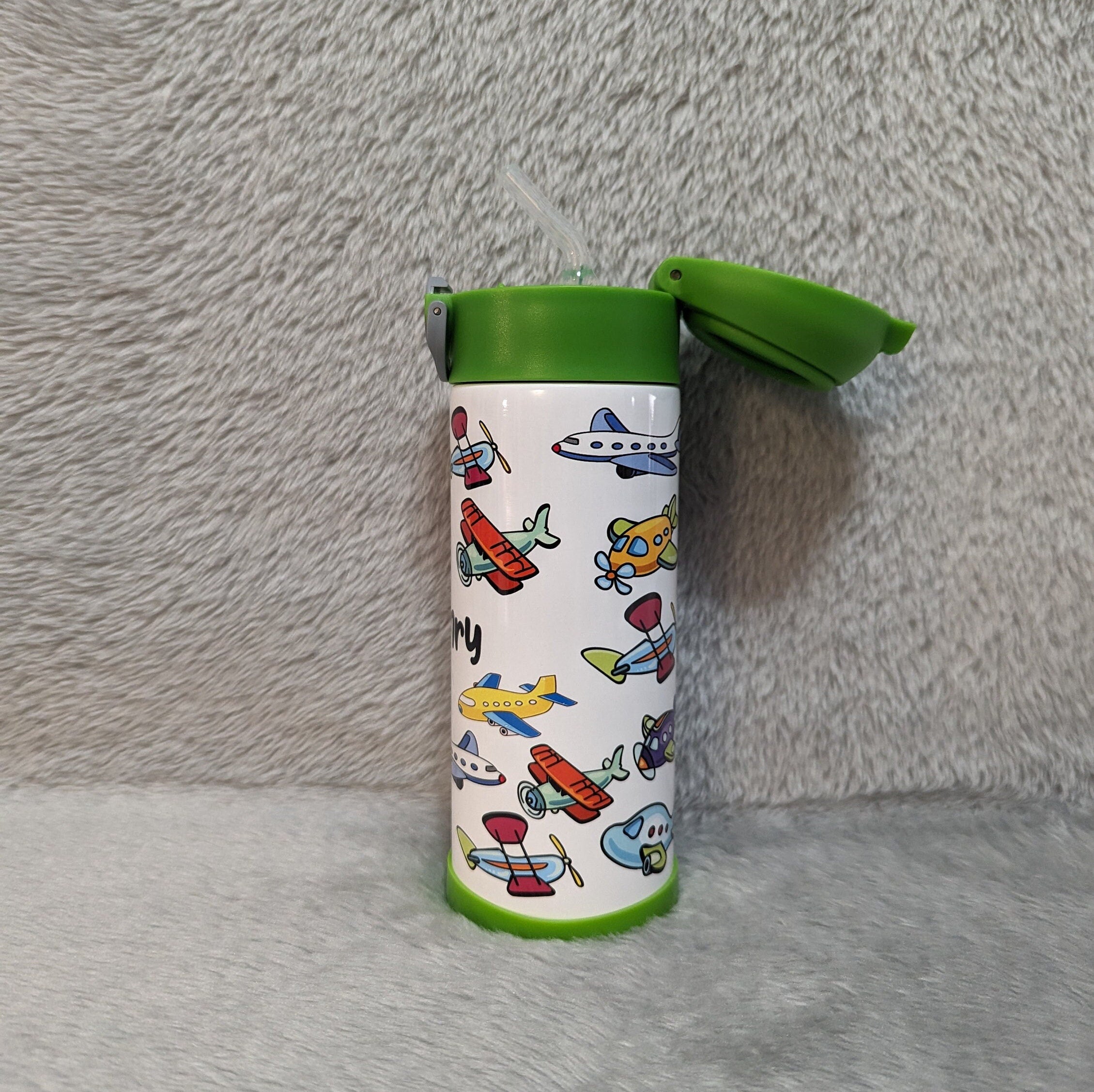 Kids Airplane Water Bottle 12oz With Reusable Straw Can Be Personalized