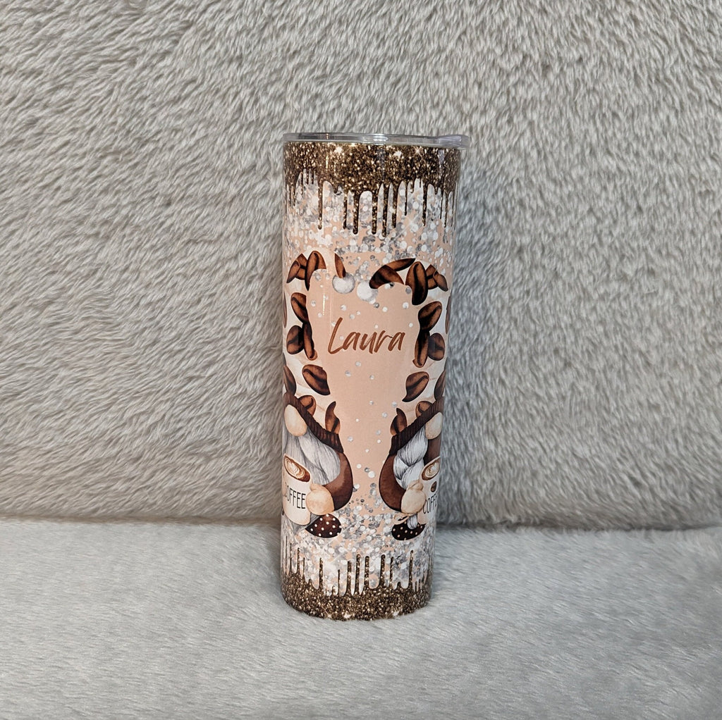 Coffee Gnome Tumbler With A Glitter Drip Design 20oz With Reusable Straw, Can Be Personalized