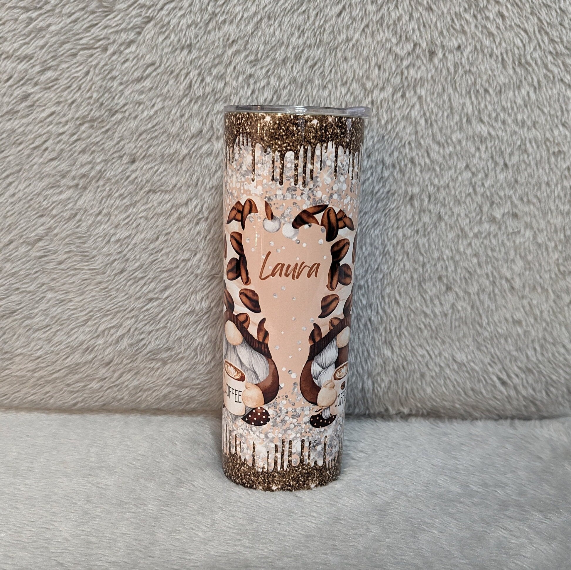 Coffee Gnome Tumbler With A Glitter Drip Design 20oz With Reusable Straw, Can Be Personalized