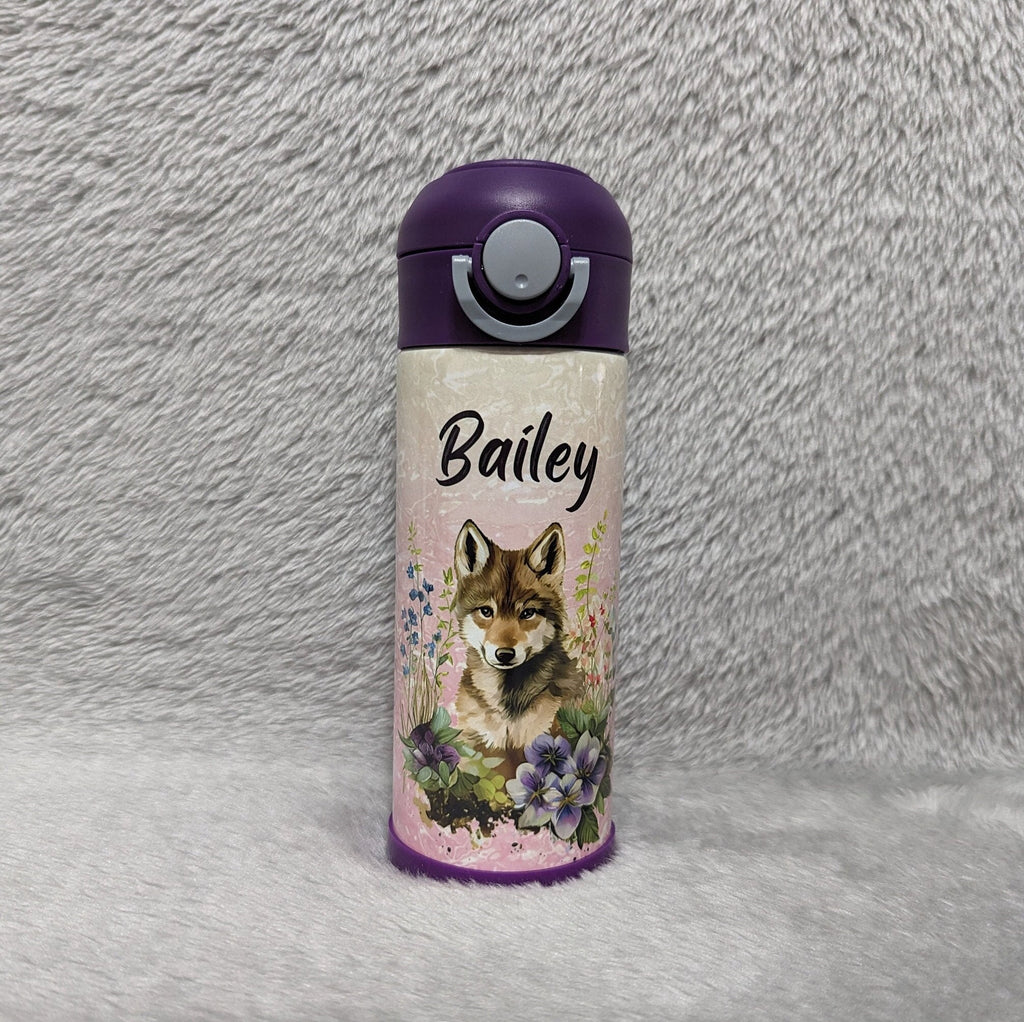 Kids Wolf Water Bottle 12oz With Reusable Straw Can Be Personalized