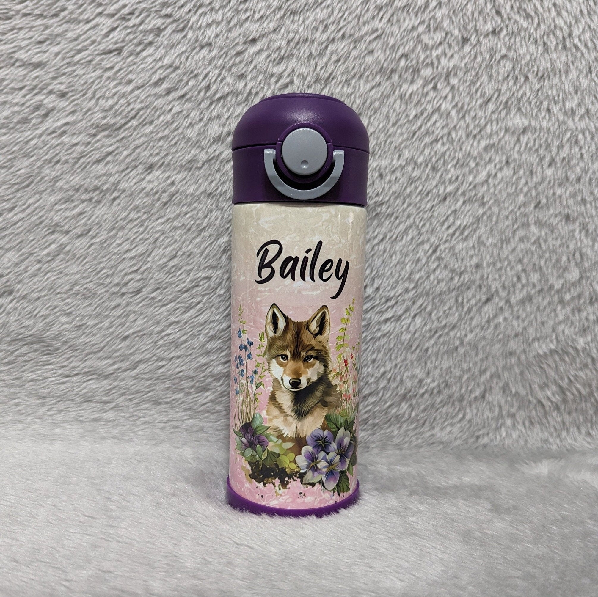Kids Wolf Water Bottle 12oz With Reusable Straw Can Be Personalized