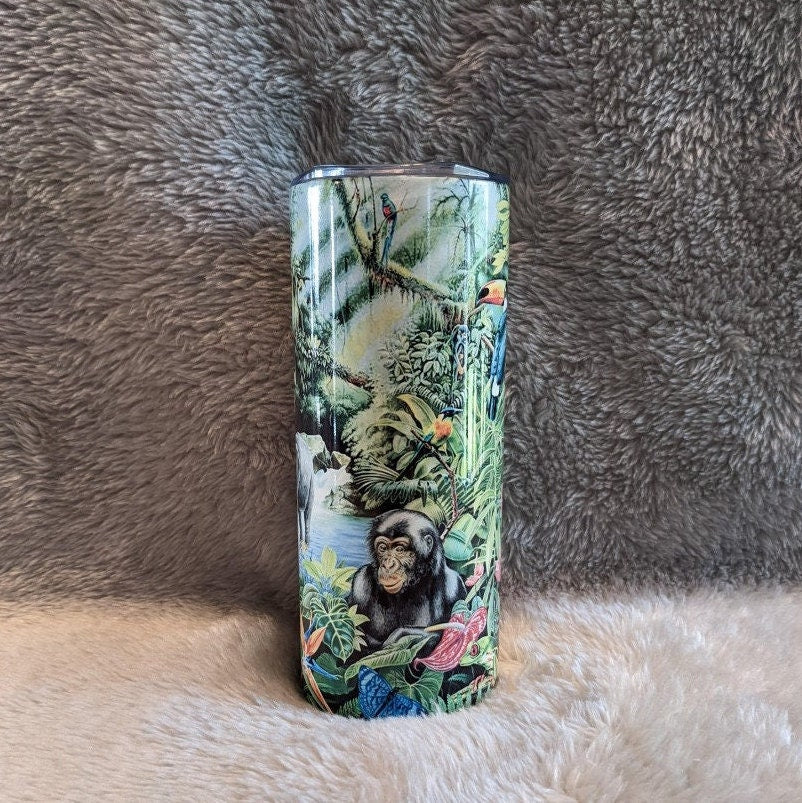 Elephant Tumbler With A Jungle Scene 20oz With Reusable Straw, Can Be Personalized