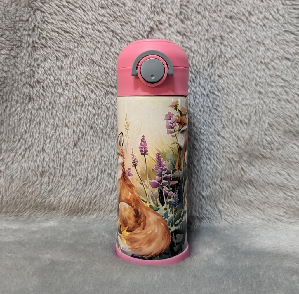 Kids Fox Family Water Bottle 20oz With Reusable Straw Can Be Personalized