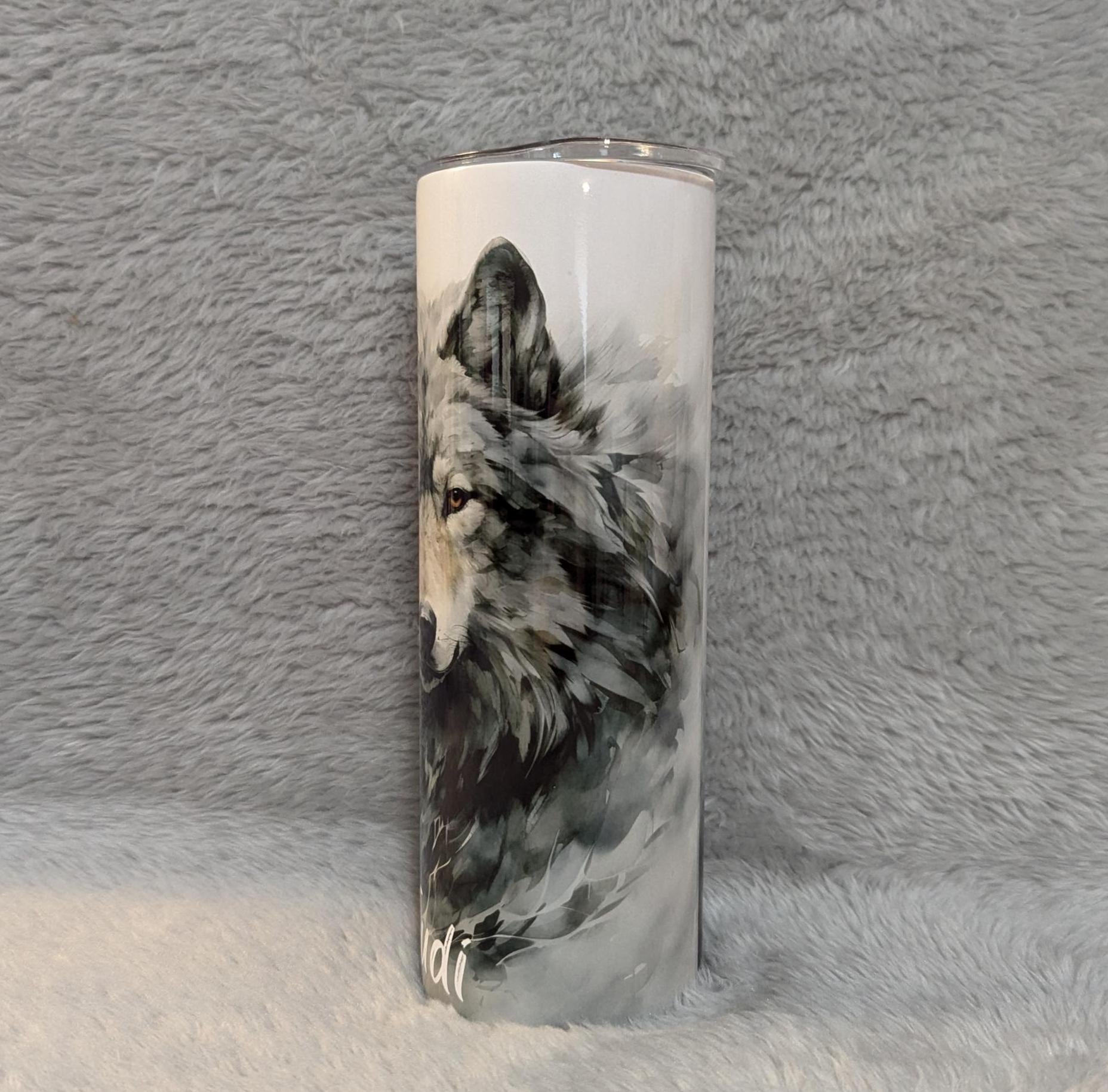 Elegant Gray Wolf Tumbler 20oz With Reusable Straw, Can Be Personalized