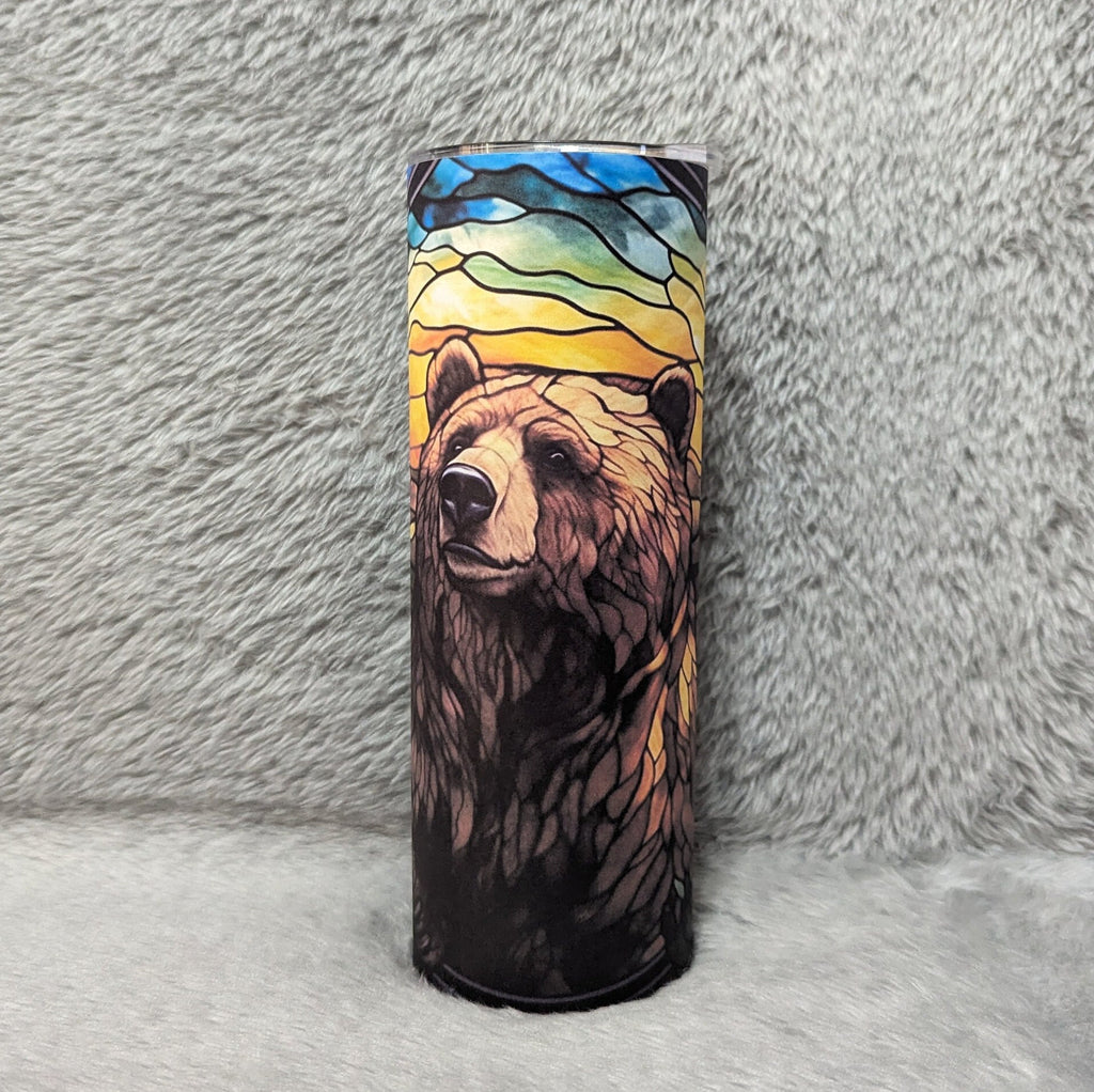 Brown Bear Tumbler With Stained Glass Design 20oz With Reusable Straw, Can Be Personalized