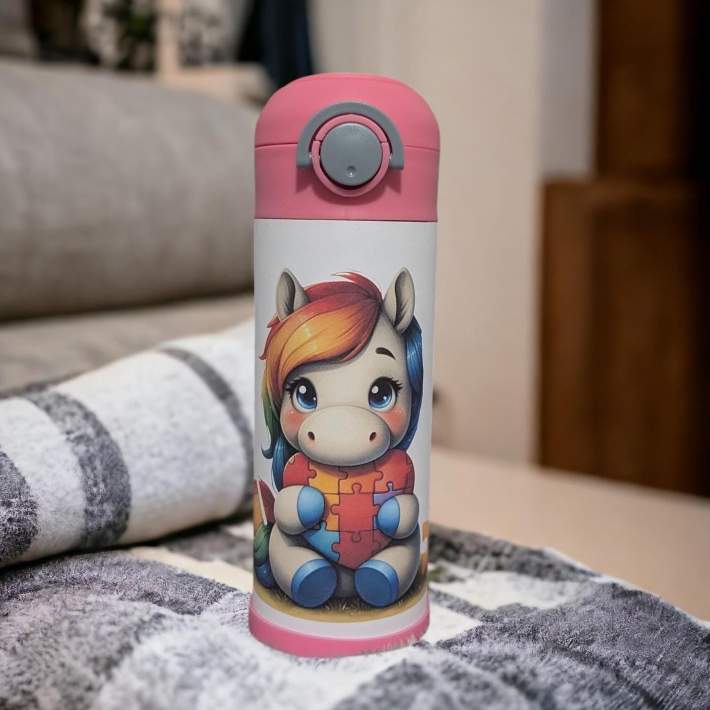 Kids Autism Unicorn Water Bottle 12oz With Reusable Straw Can Be Personalized