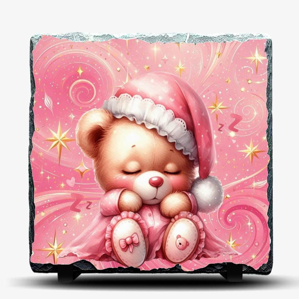 Girl Teddy Bear Sleeping Slate Picture With Display Legs