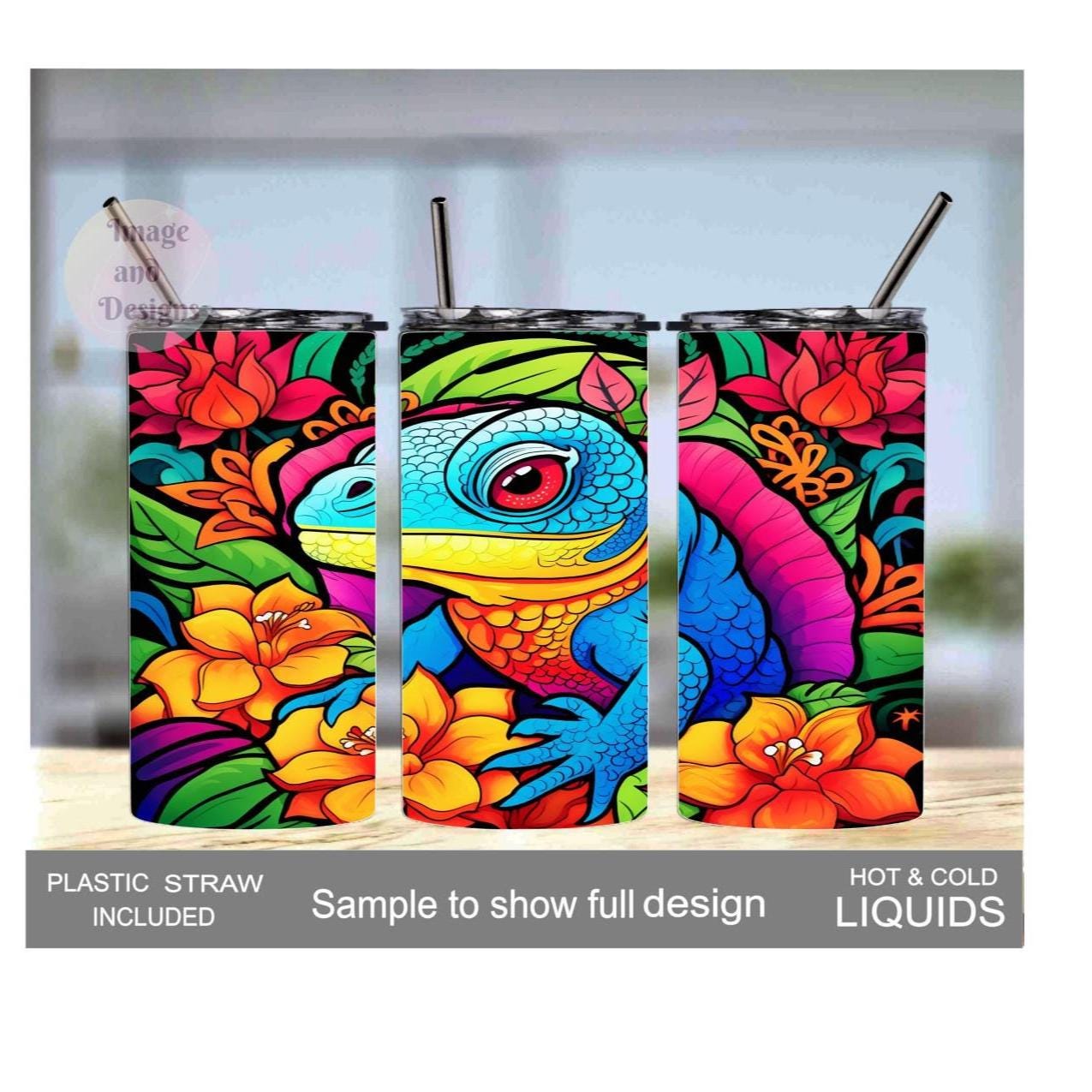Neon Iguana Lizard Kids Tumbler 15oz With Reusable Straw, Can Be Personalized