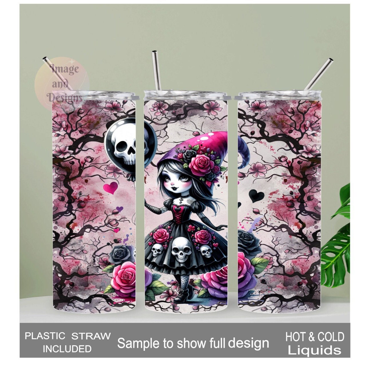 Gothic Halloween Girl Tumbler 20oz With Reusable Straw, Can Be Personalized