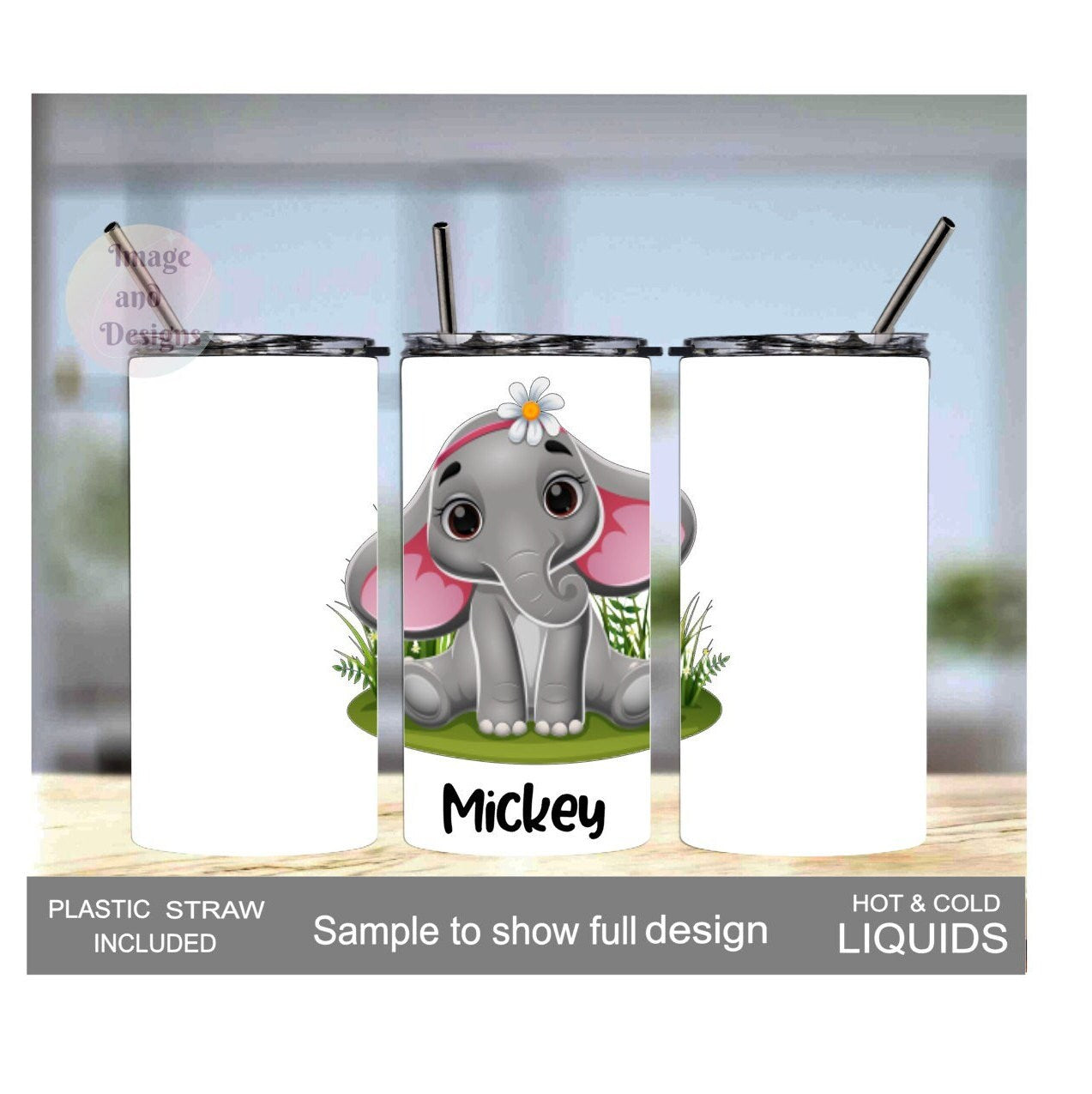 Elephant Tumbler 15oz With Reusable Straw, Can Be Personalized