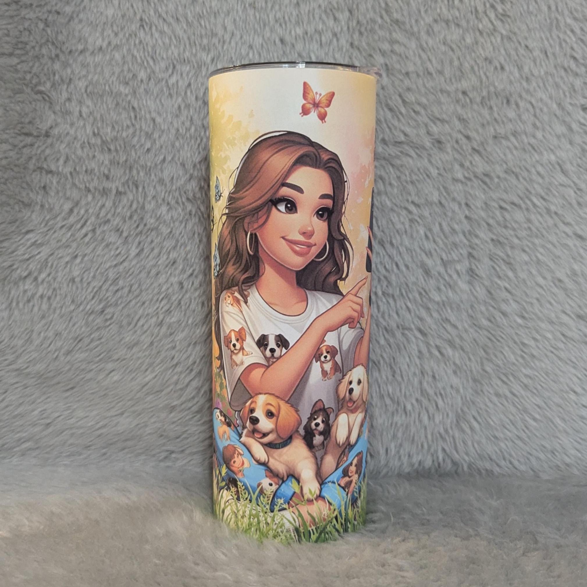 Cute Girl with Puppies Tumbler 20oz With Reusable Straw, Can Be Personalized