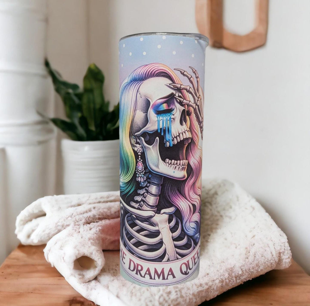 Drama Queen Skeleton Girl Tumbler 20oz With Reusable Straw, Can Be Personalized