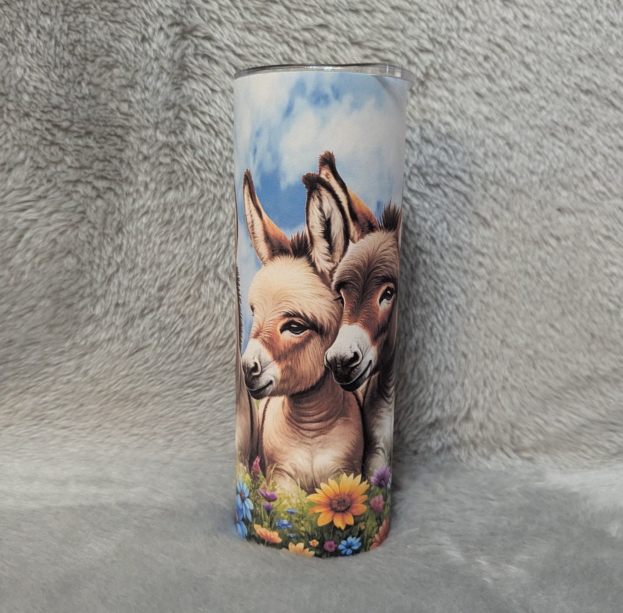 Pretty Donkey Tumbler with Flowers and Butterflies 20oz With Reusable Straw, Can Be Personalized