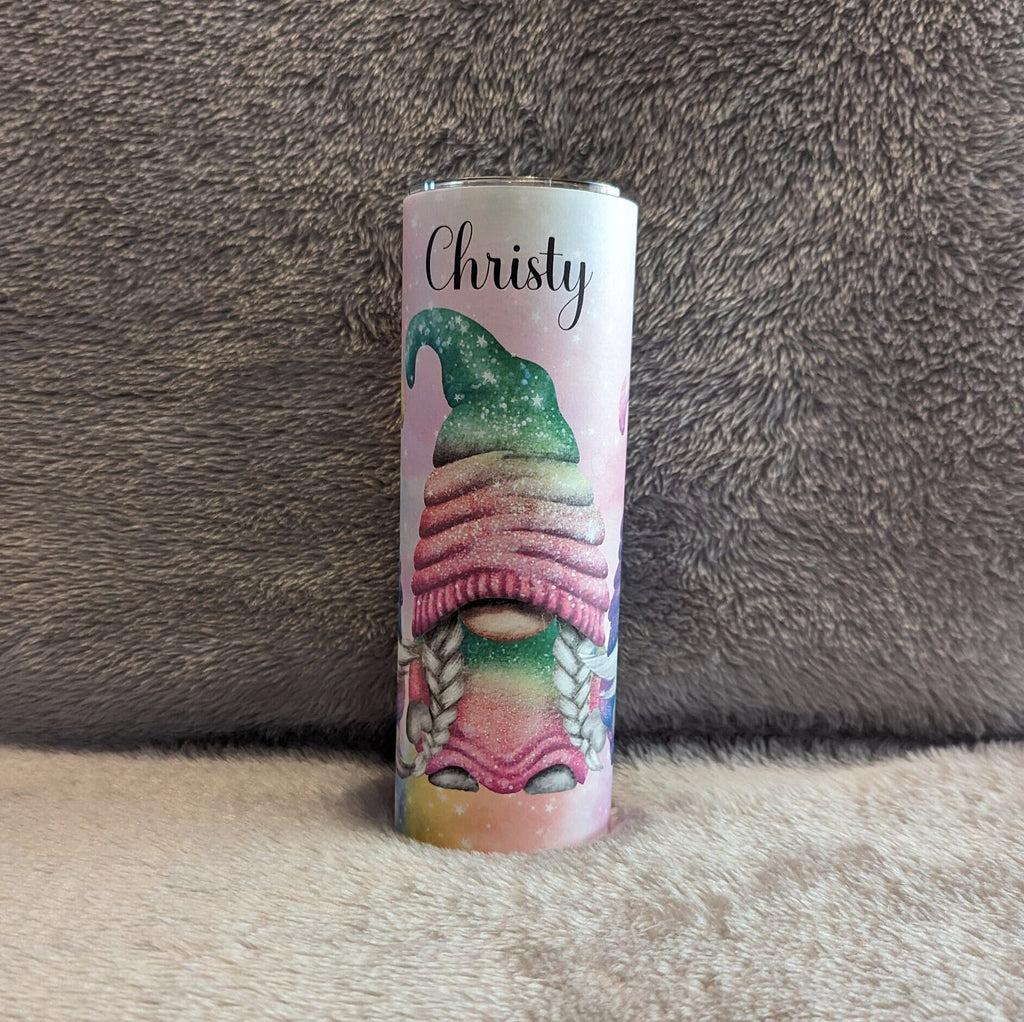 Pretty Rainbow Gnome Tumbler 20oz With Reusable Straw, Can Be Personalized
