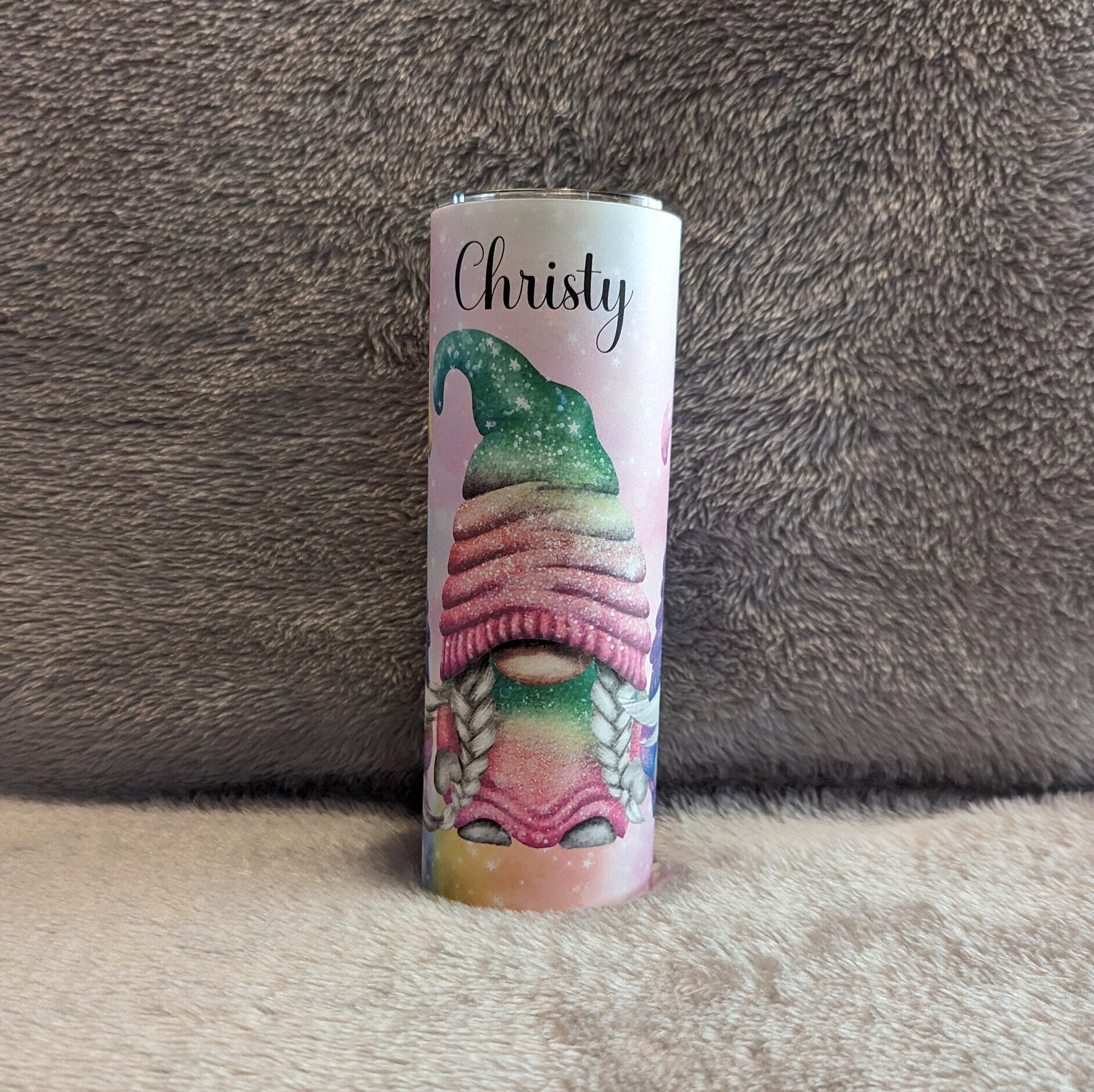 Pretty Rainbow Gnome Tumbler 20oz With Reusable Straw, Can Be Personalized