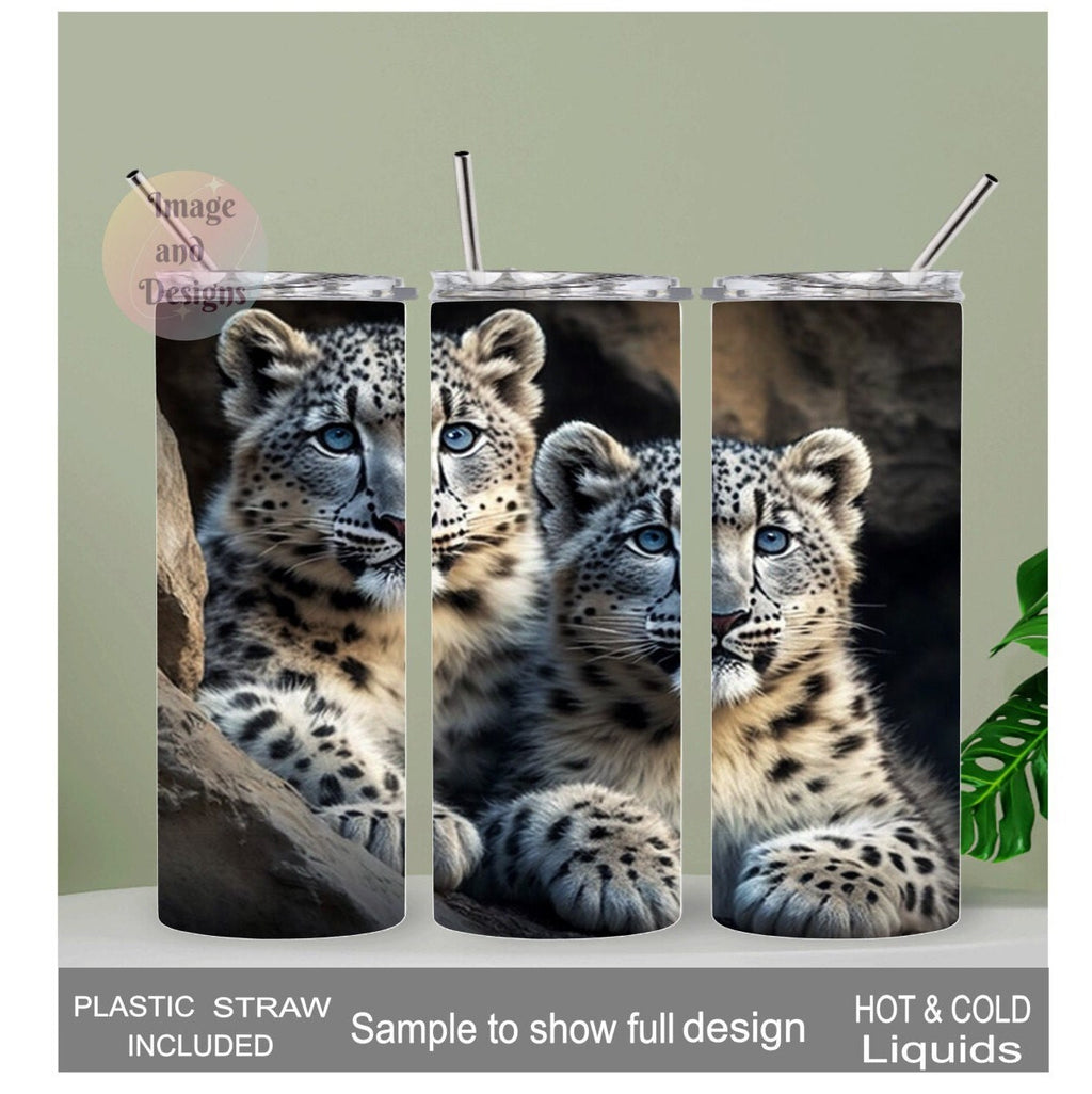 Snow Leopard Tumbler 20oz With Reusable Straw, Can Be Personalized
