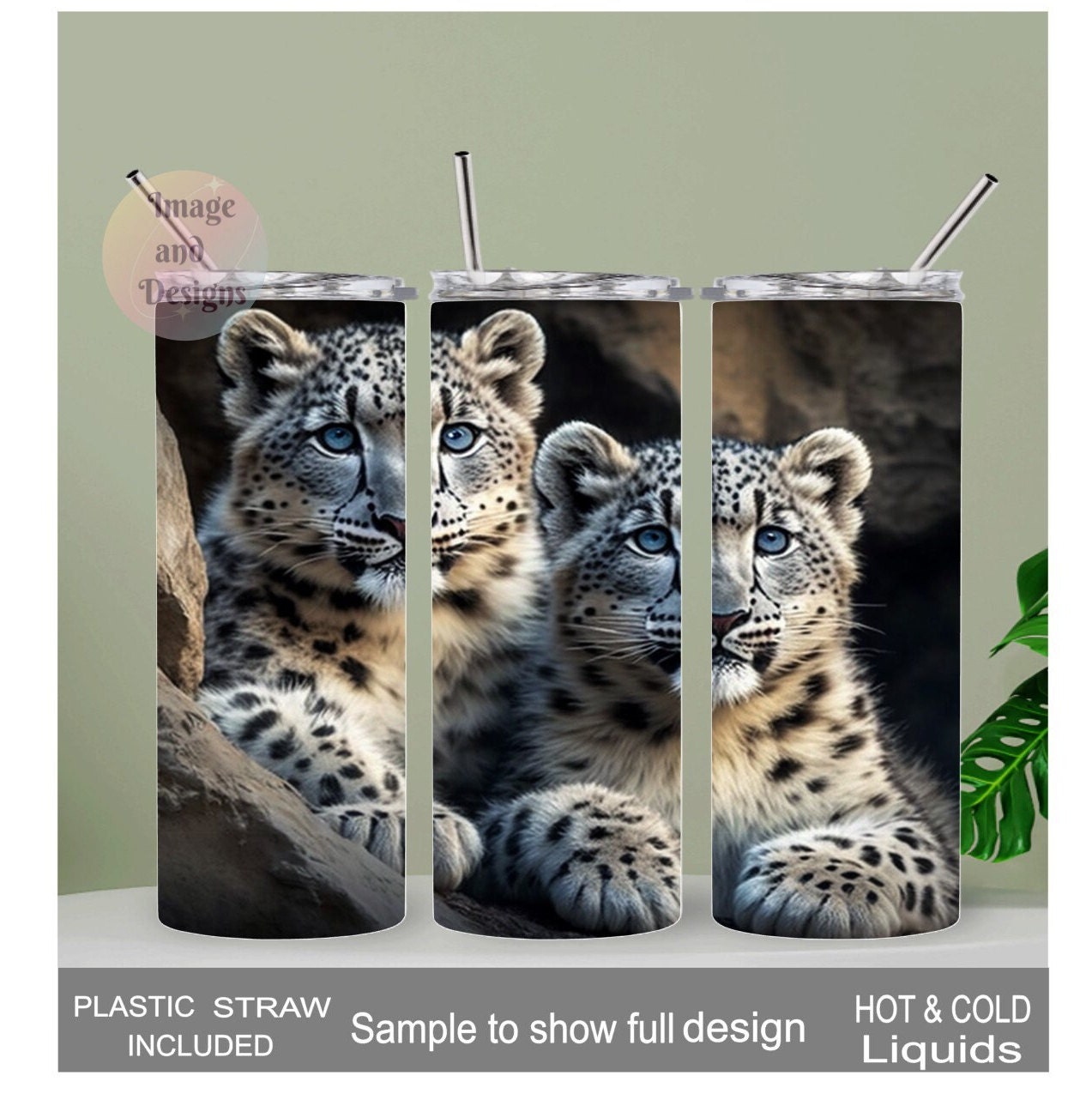 Snow Leopard Tumbler 20oz With Reusable Straw, Can Be Personalized