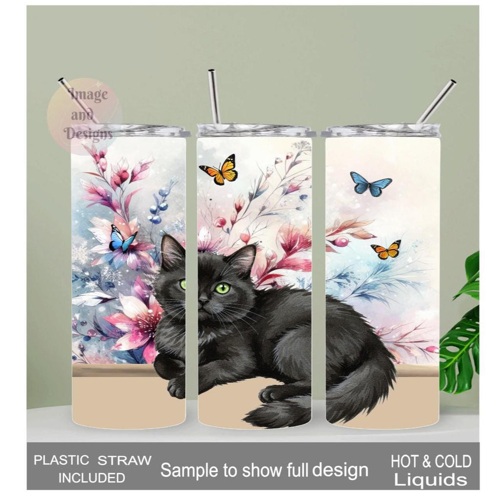 Black Kitten Tumbler 20oz With Reusable Straw, Can Be Personalized