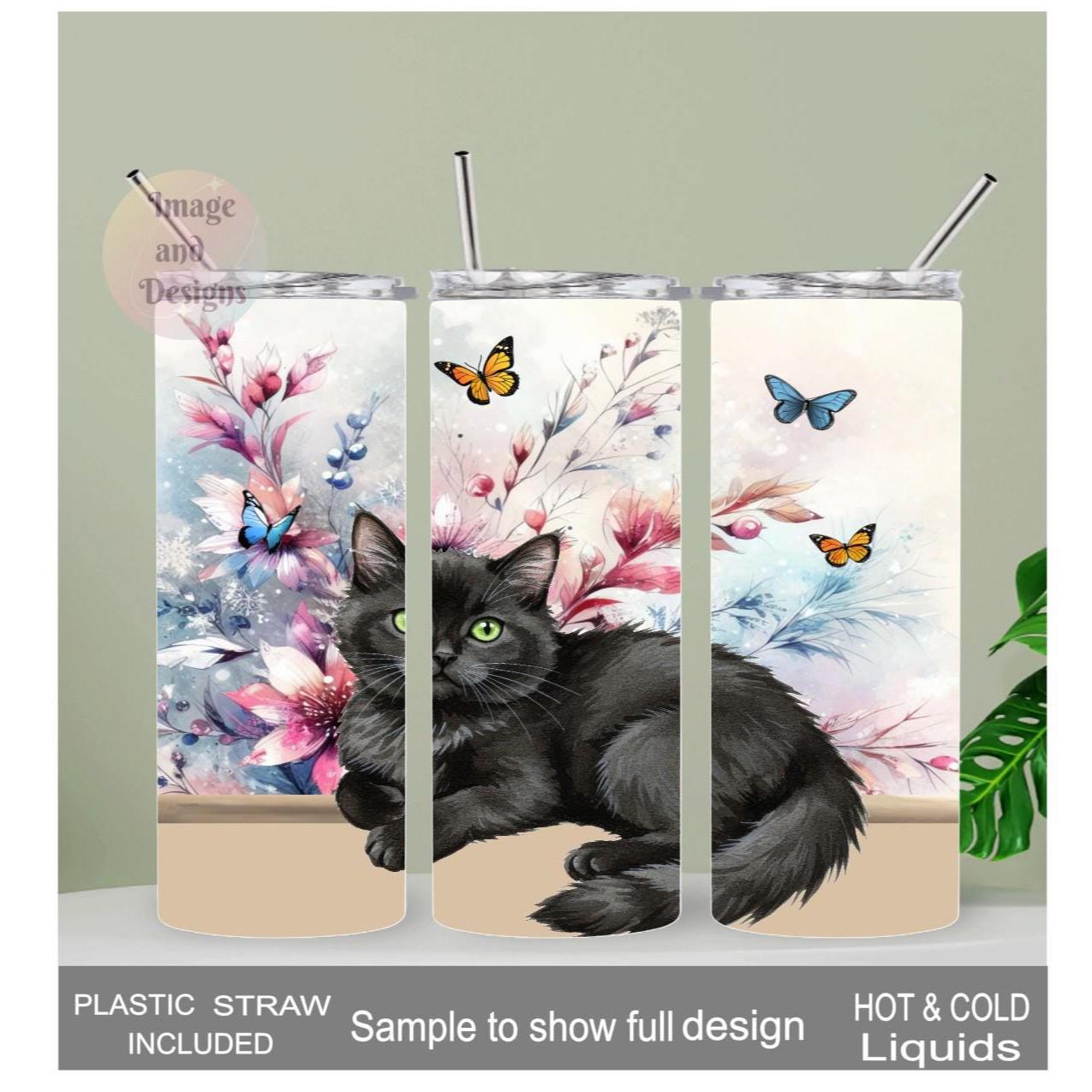 Black Kitten Tumbler 20oz With Reusable Straw, Can Be Personalized