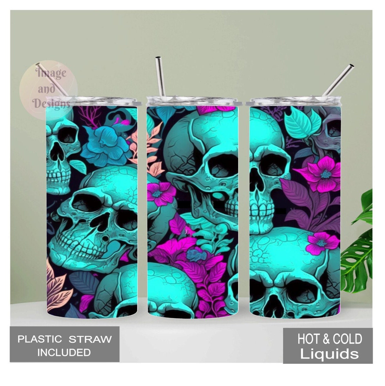 Neon Skull Tumbler 20oz With Reusable Straw