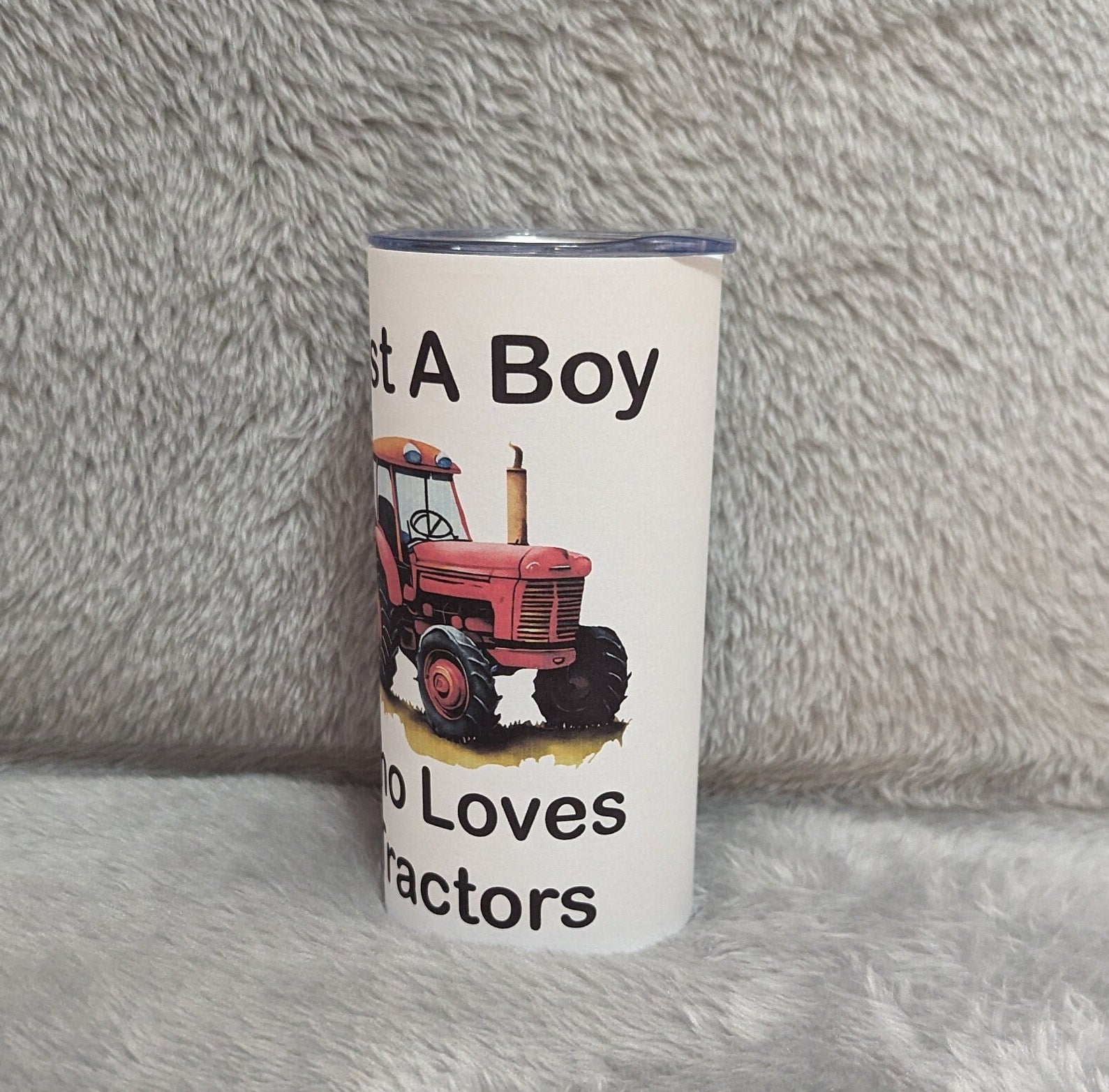 Just A Boy Who Loves Tractors Kids Tumbler 15oz With Reusable Straw, Can Be Personalized