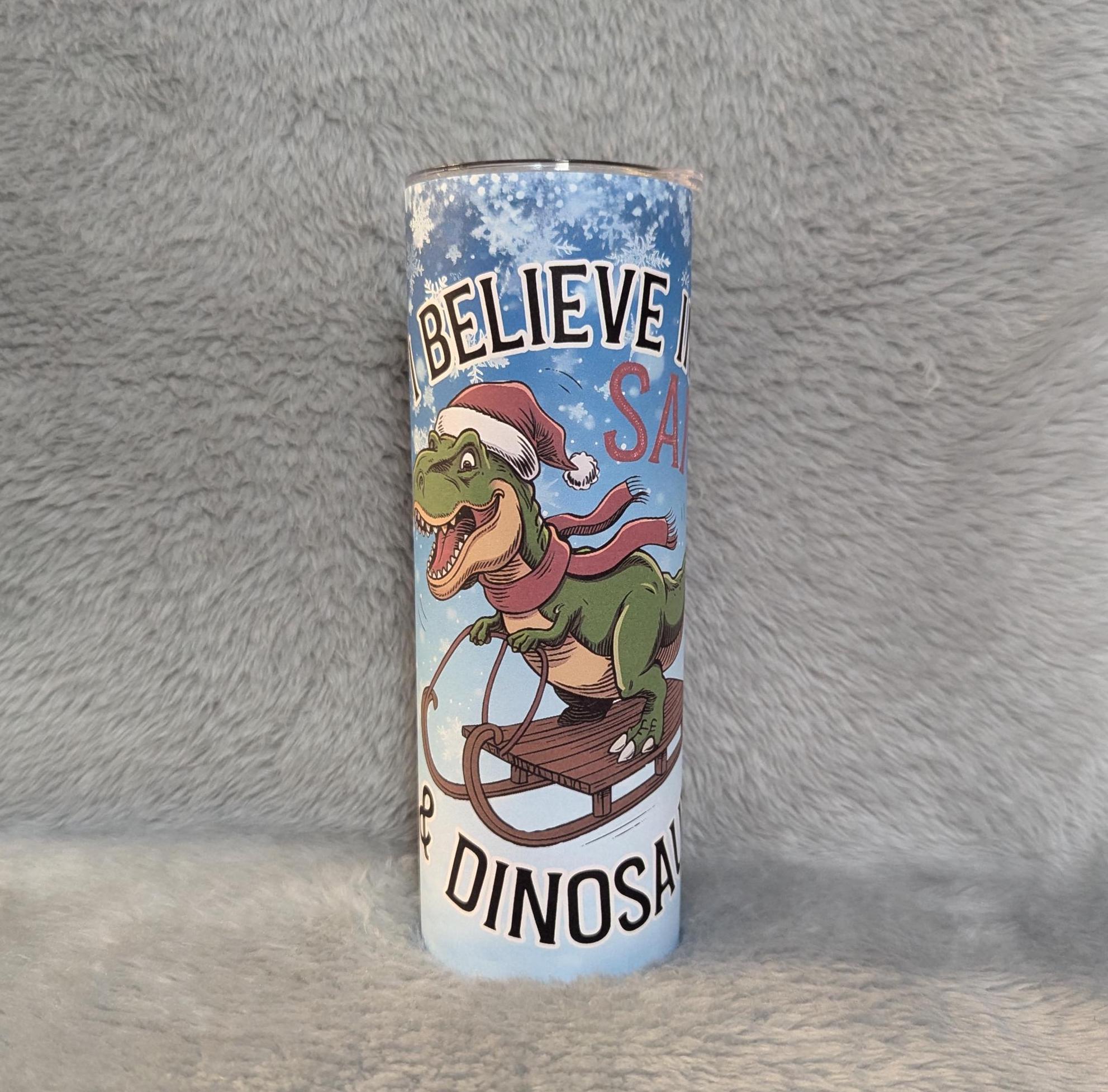 Christmas Dinosaur Tumbler 20oz With Reusable Straw, Can Be Personalized