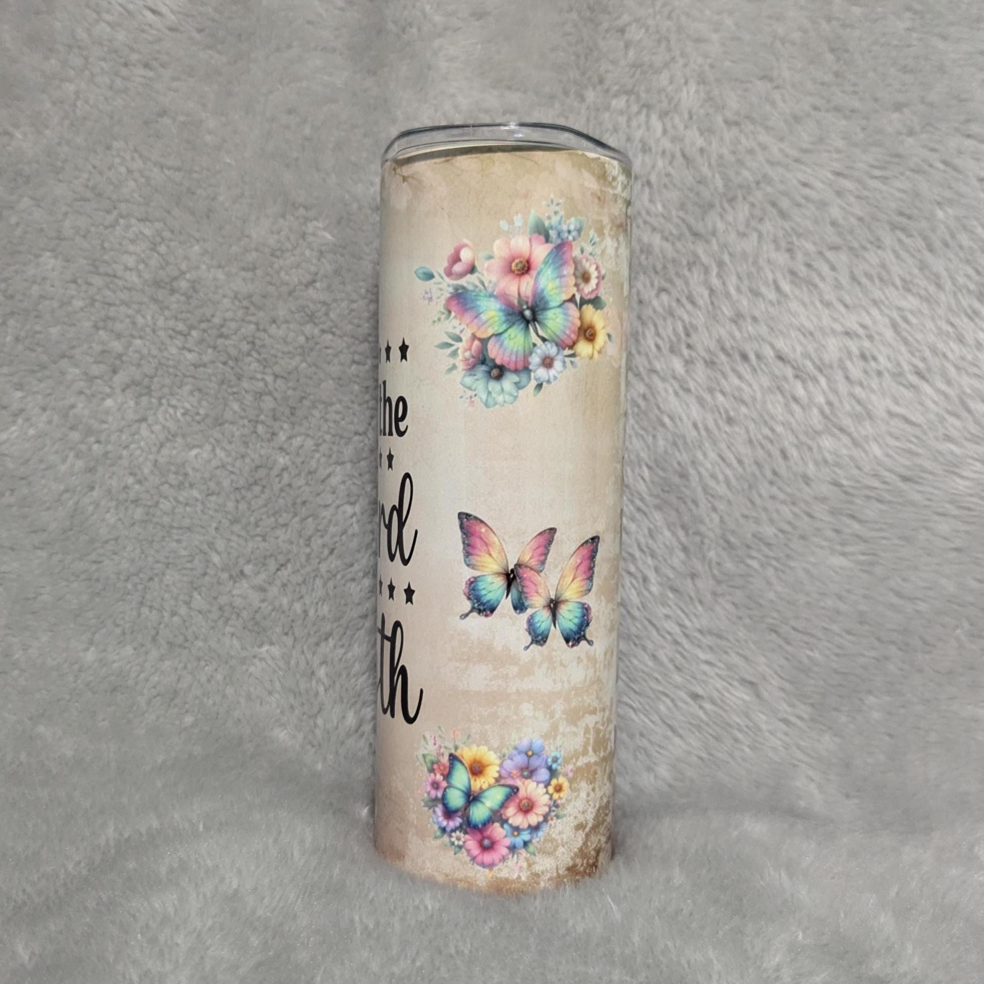 The Joy Of The Lord Tumbler With Pretty Butterflies, Bible Verse Nehemiah 8:10, 20oz With Reusable Straw