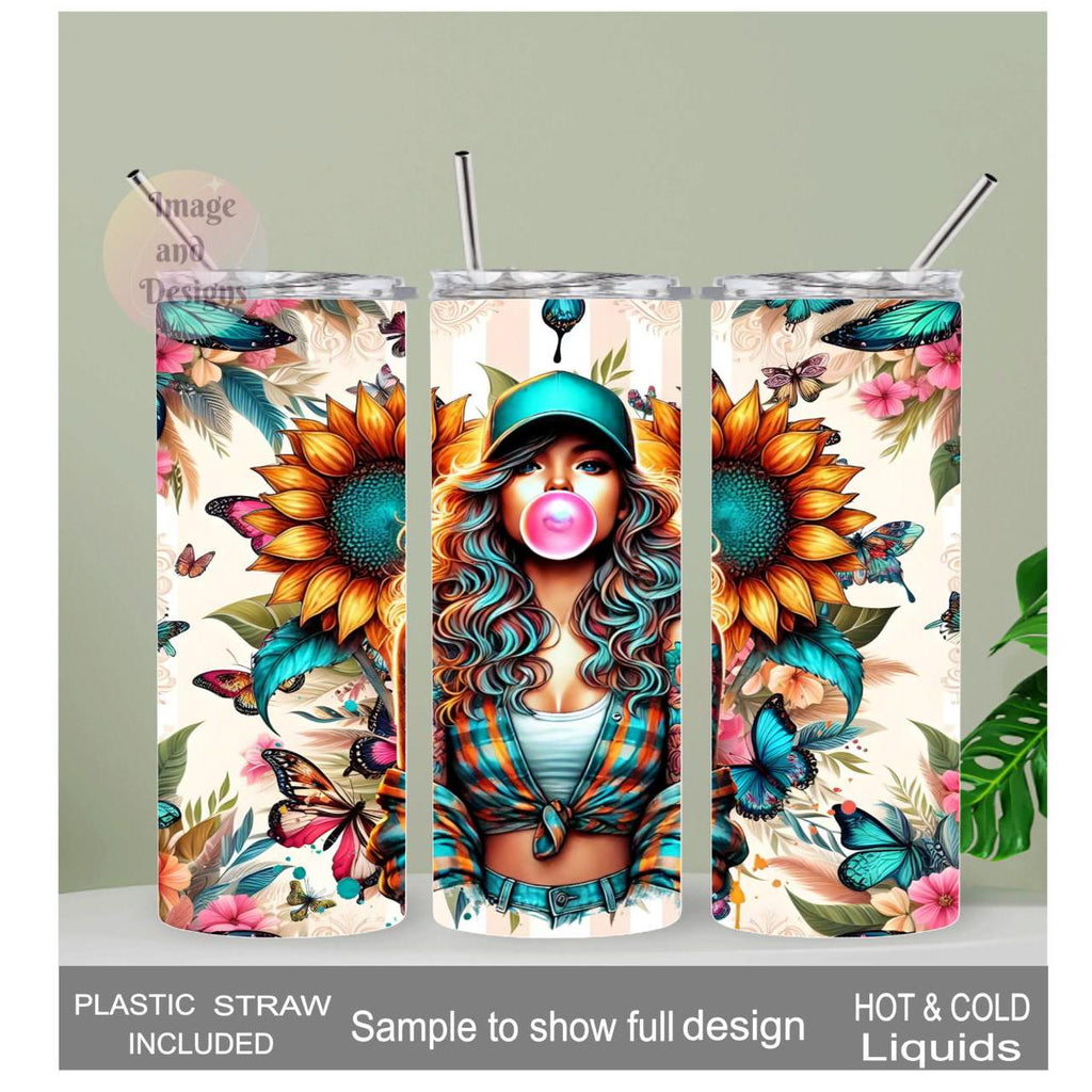 Bubble Gum Girl With Sunflowers 20oz With Reusable Straw, Can Be Personalized