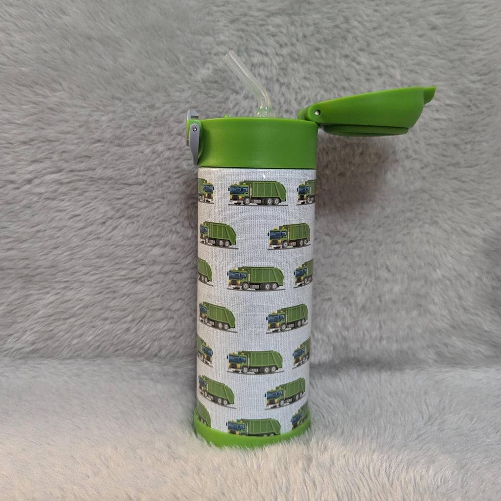 Kids Garbage Truck Water Bottle 12oz With Reusable Straw, Can Be Personalized