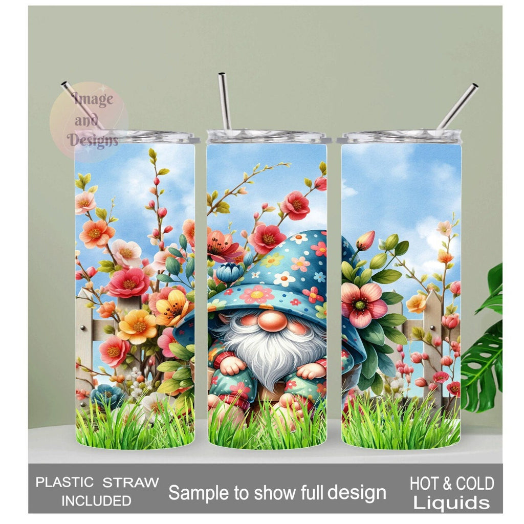Gnome Tumbler With Pretty Flowers 20oz With Reusable Straw, Can Be Personalized