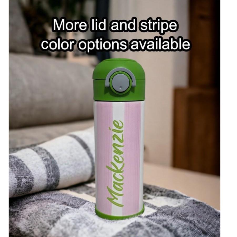 Kids Striped Water Bottle 12oz With Reusable Straw Can Be Personalized