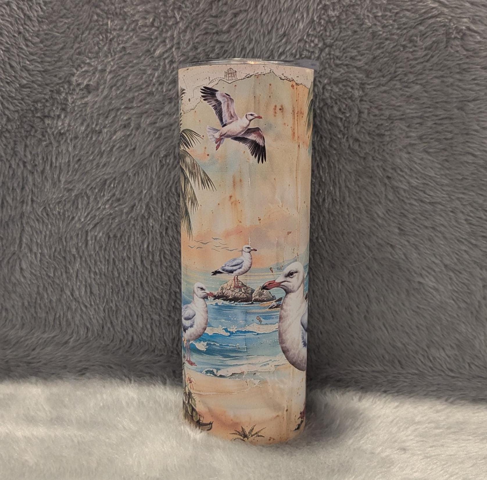 Seagull Beach Tumbler 20oz With Reusable Straw, Can Be Personalized