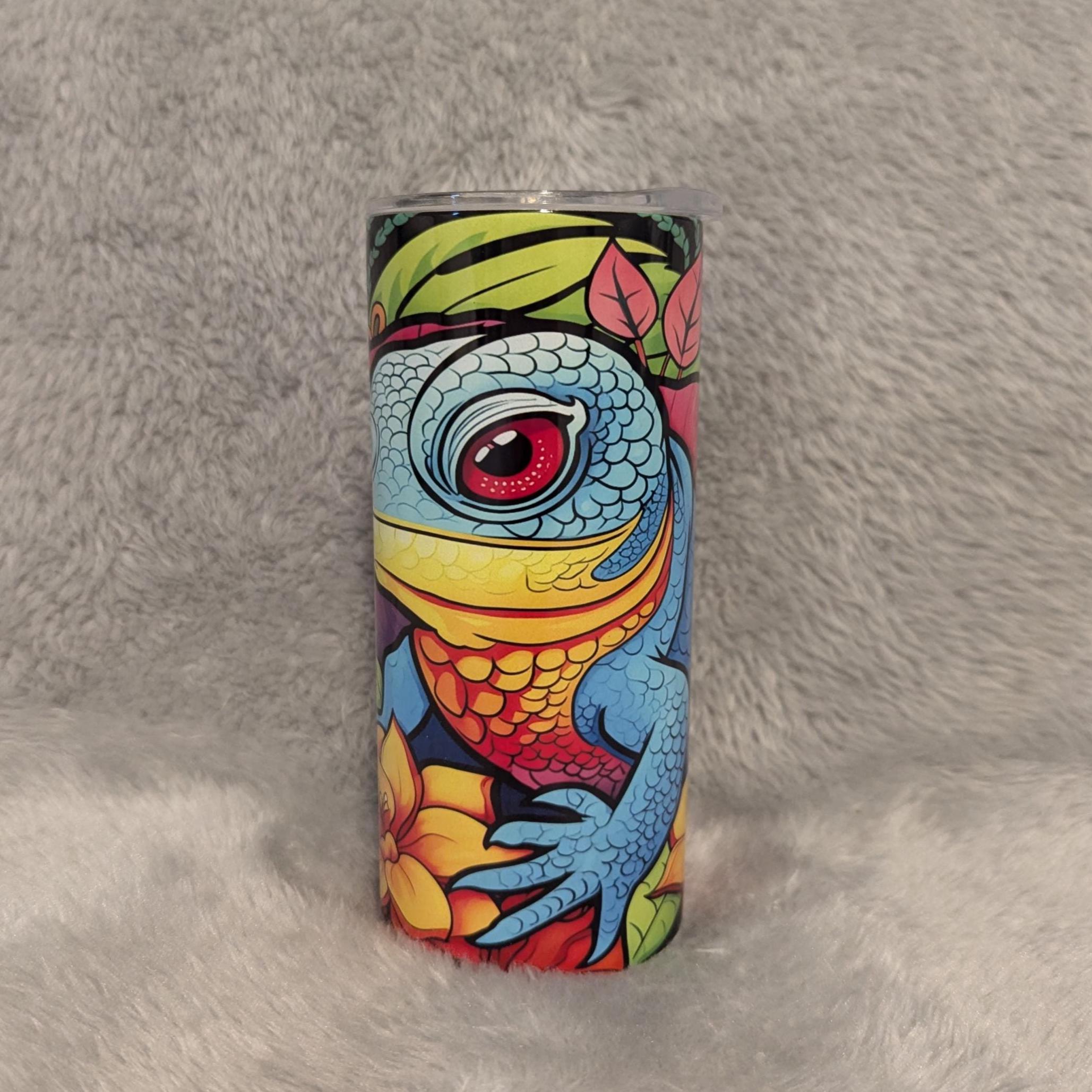 Neon Iguana Lizard Kids Tumbler 15oz With Reusable Straw, Can Be Personalized