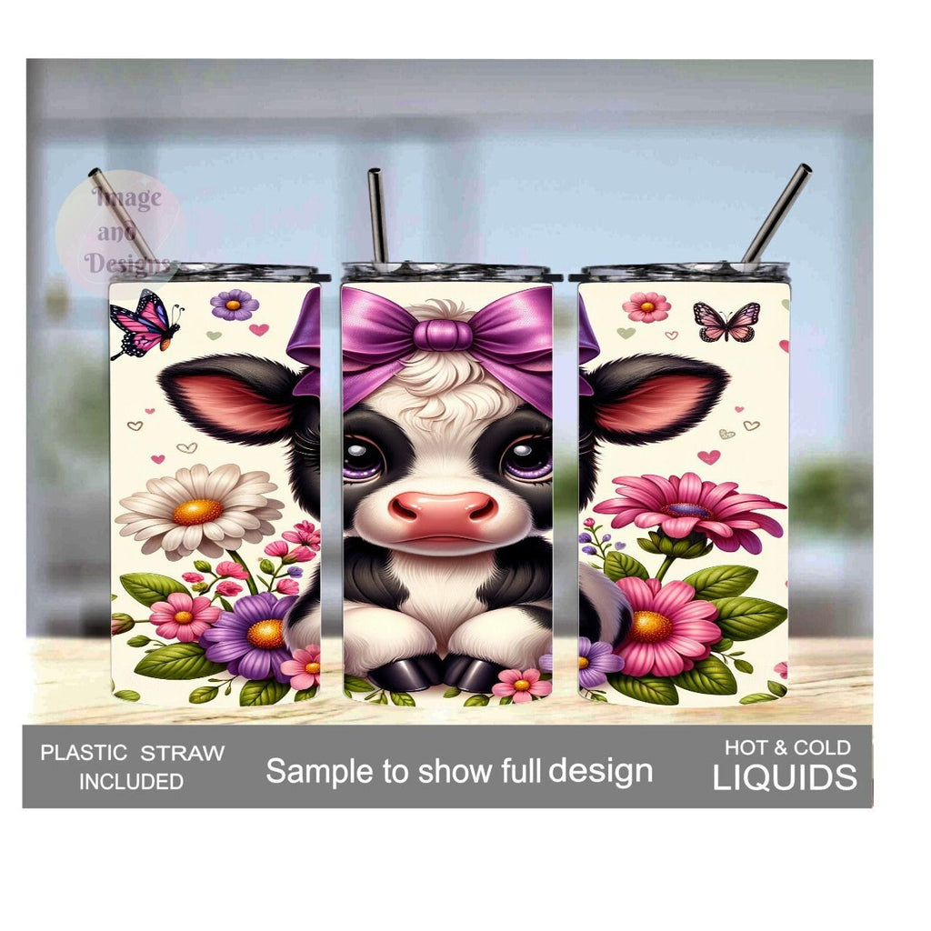 Kids Cow Tumbler with a Calf With Her Purple Bow and Flowers 15oz With Reusable Straw, Can Be Personalized