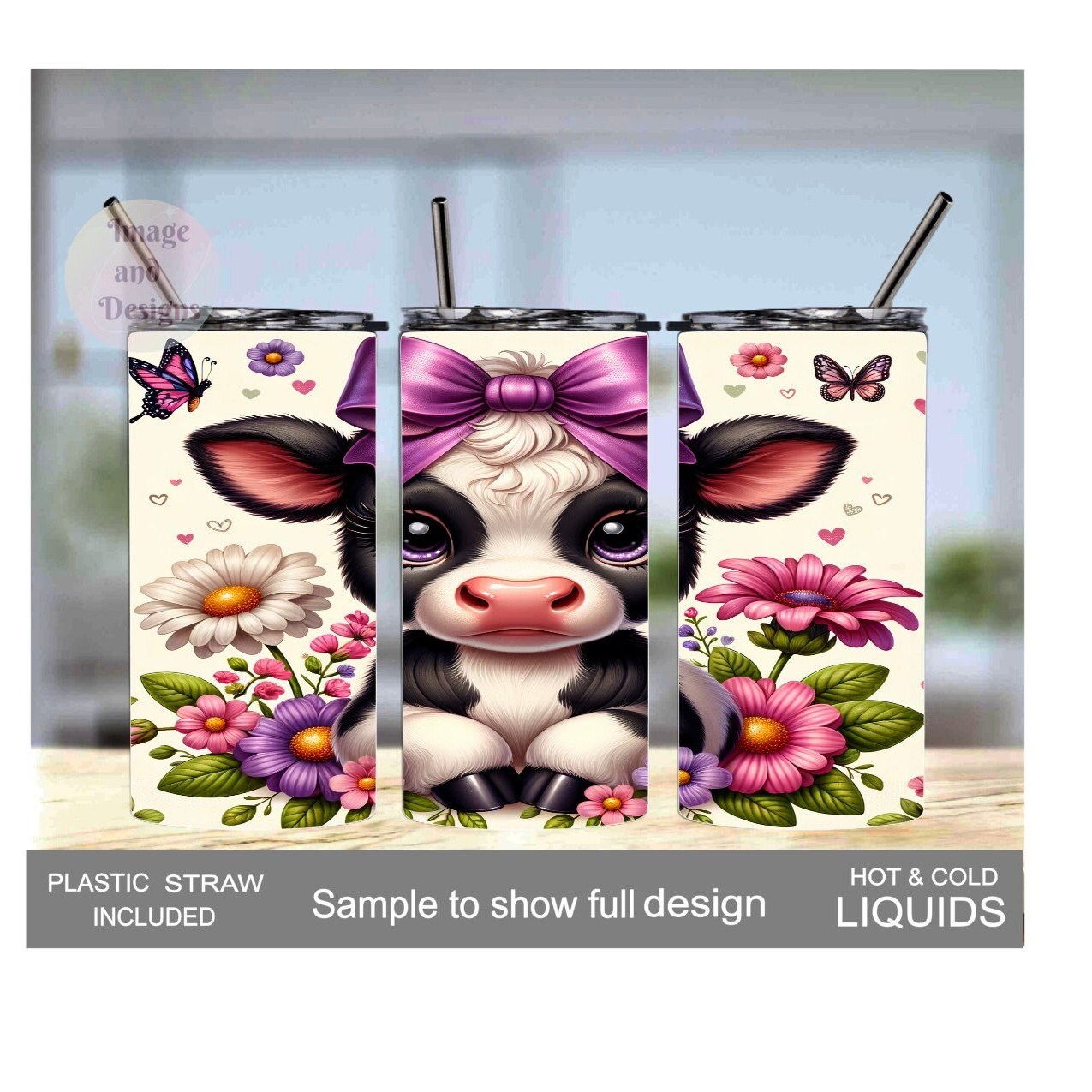 Kids Cow Tumbler with a Calf With Her Purple Bow and Flowers 15oz With Reusable Straw, Can Be Personalized