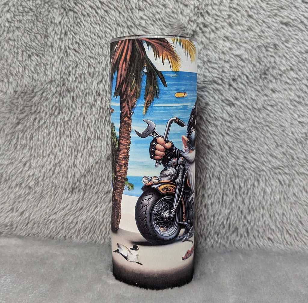 Beach Biker Gnome Motorcycle Tumbler 20oz With Reusable Straw, Can Be Personalized