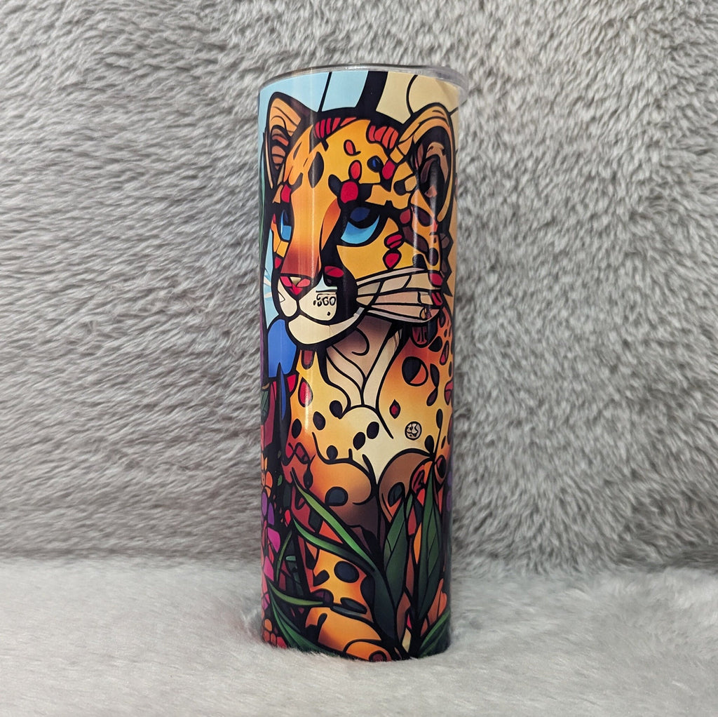 Cheetah Tumbler With A Stained Glass Design 20oz With Reusable Straw, Can Be Personalized