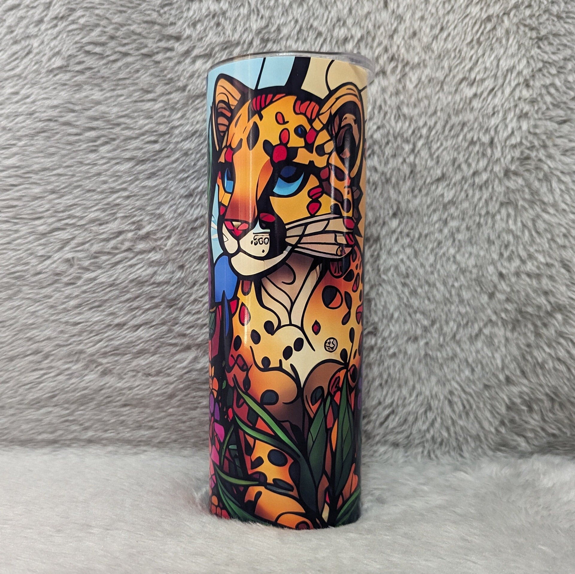 Cheetah Tumbler With A Stained Glass Design 20oz With Reusable Straw, Can Be Personalized