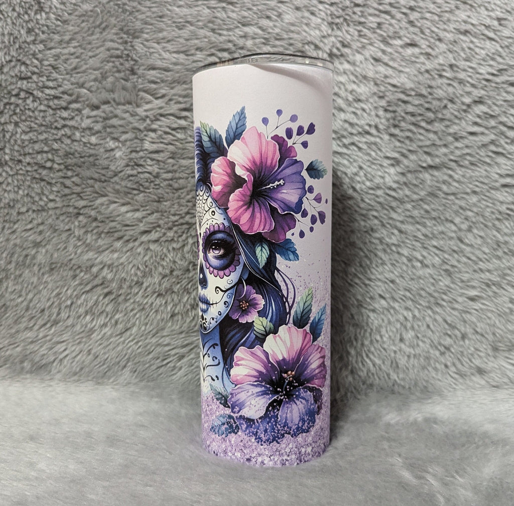La Catrina Girl Tumbler With A Purple Glitter Design 20oz With Reusable Straw, Can Be Personalized