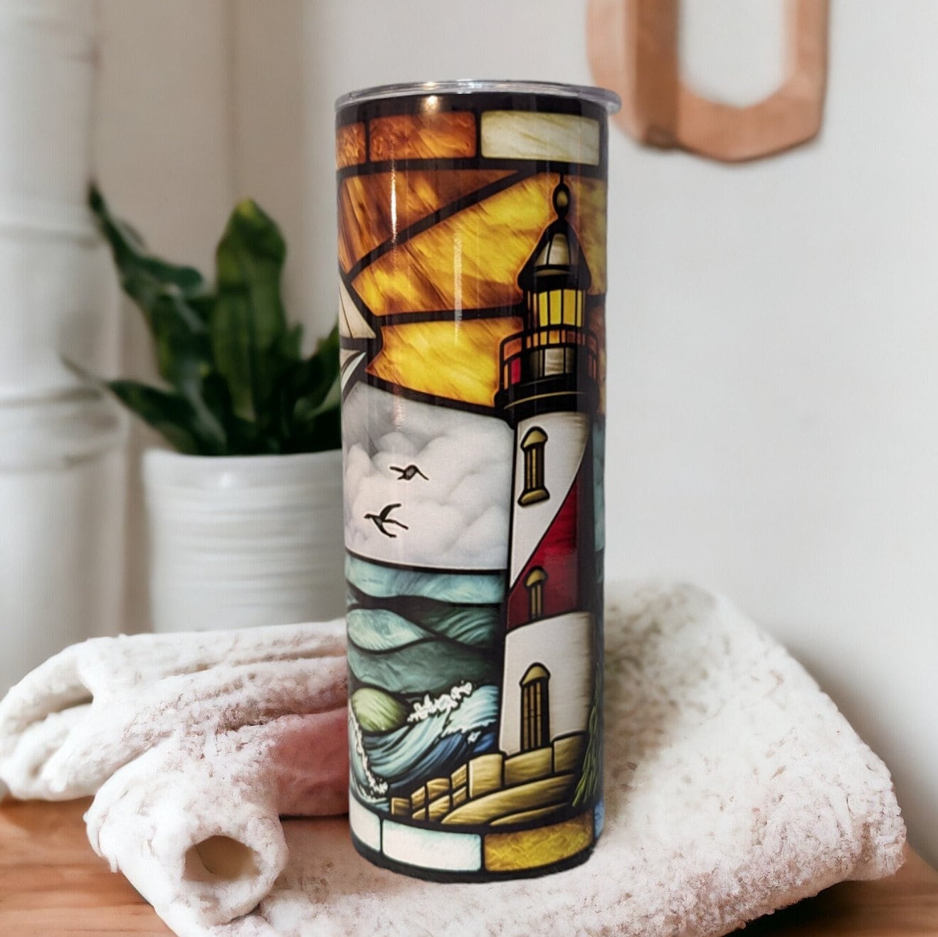 Beautiful Lighthouse Tumbler With A Stained Glass Design 20oz With Reusable Straw, Can Be Personalized