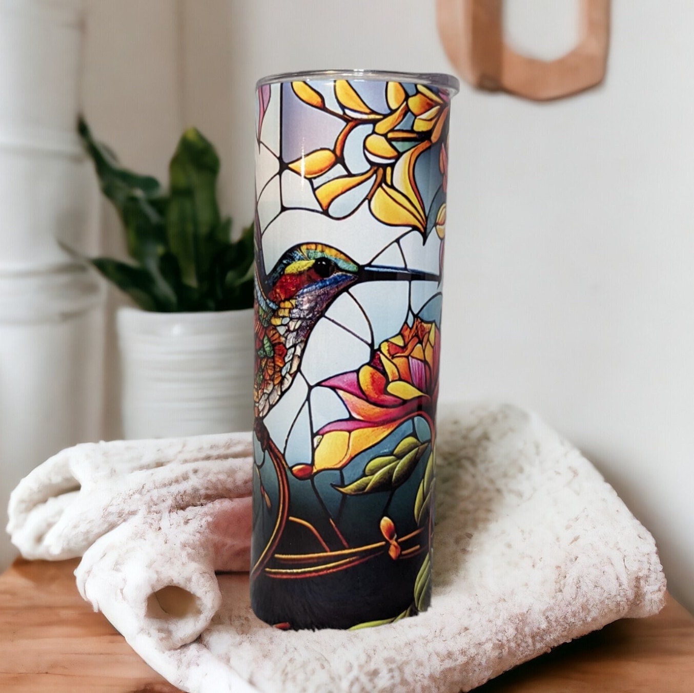 Colorful Hummingbird Tumbler With A Stained Glass Design 20oz With Reusable Straw, Can Be Personalized