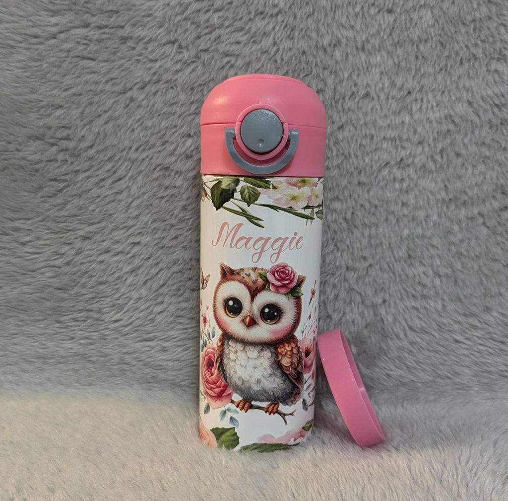 Adorable Kids Owl Water Bottle 12oz With Reusable Straw Can Be Personalized